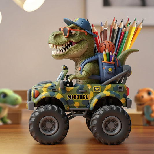 Prêt à cartonner à l'école ? - Porte-stylo en bois dinosaure personnalisé