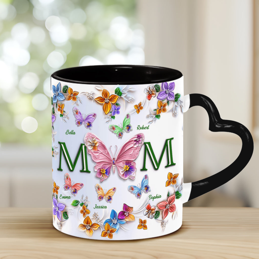 Colorful Butterflies Mom Mama - Personalized Mother Heart Handle Mug