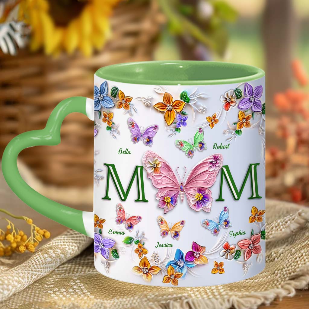 Colorful Butterflies Mom Mama - Personalized Mother Heart Handle Mug