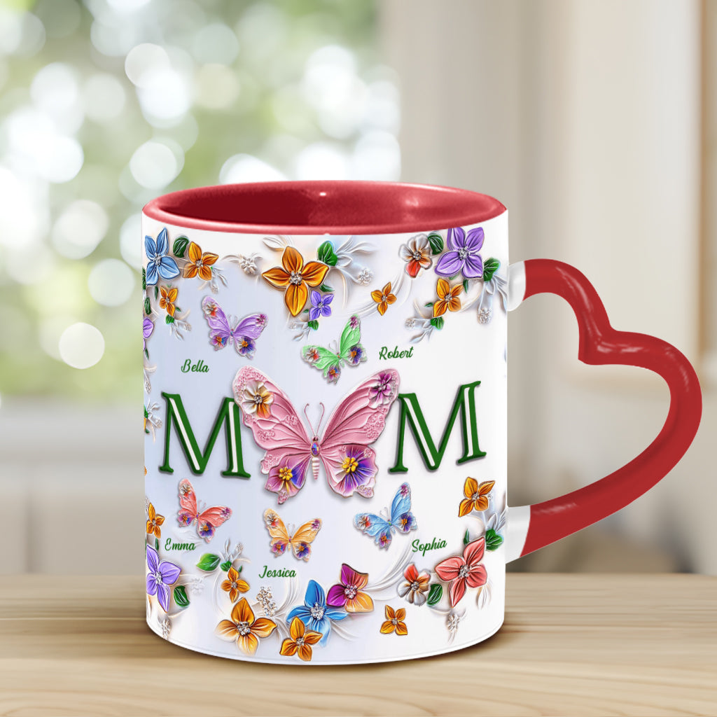 Colorful Butterflies Mom Mama - Personalized Mother Heart Handle Mug