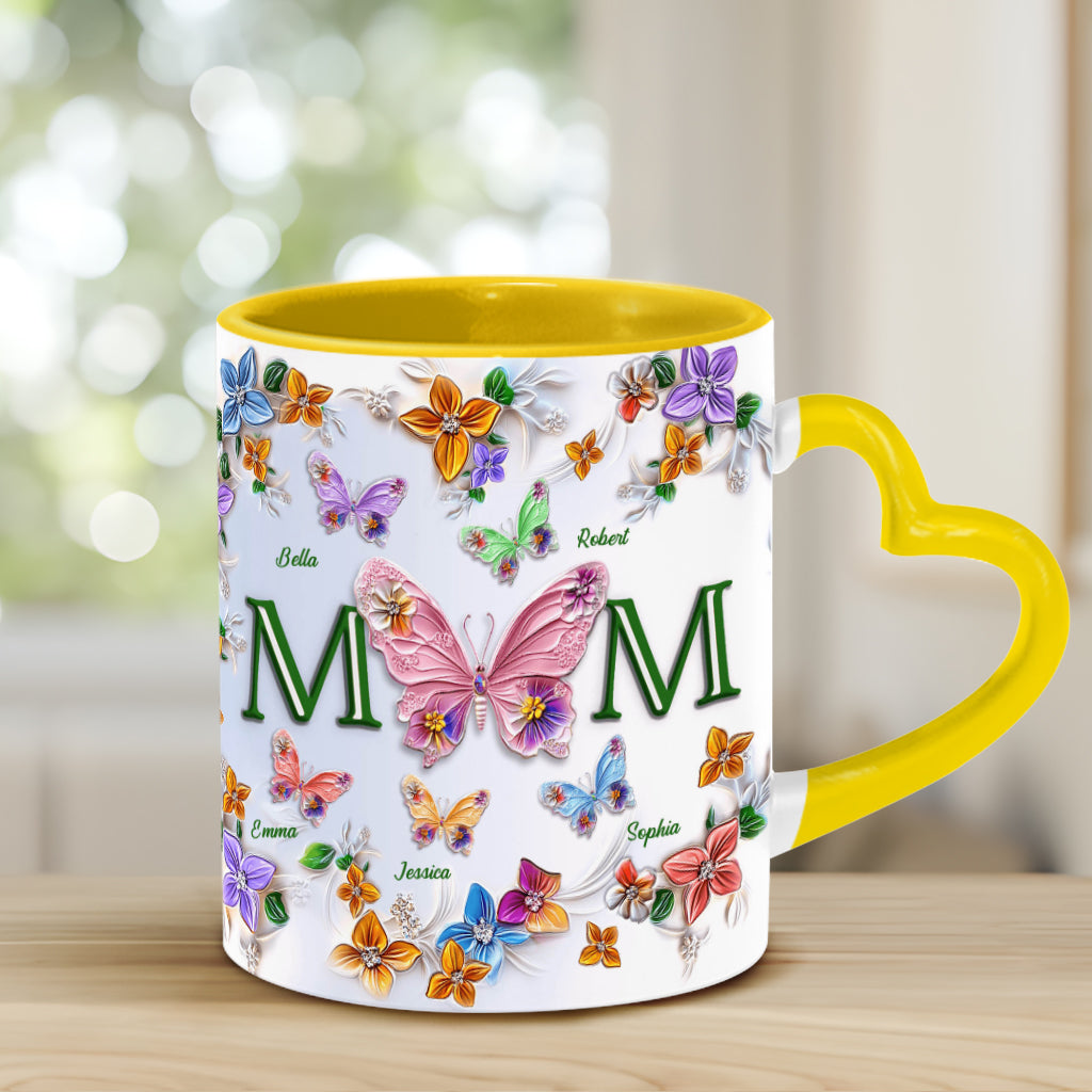 Colorful Butterflies Mom Mama - Personalized Mother Heart Handle Mug