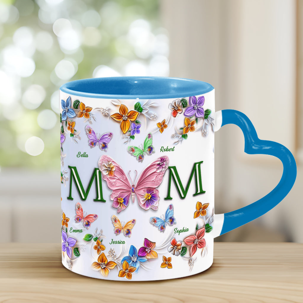 Colorful Butterflies Mom Mama - Personalized Mother Heart Handle Mug