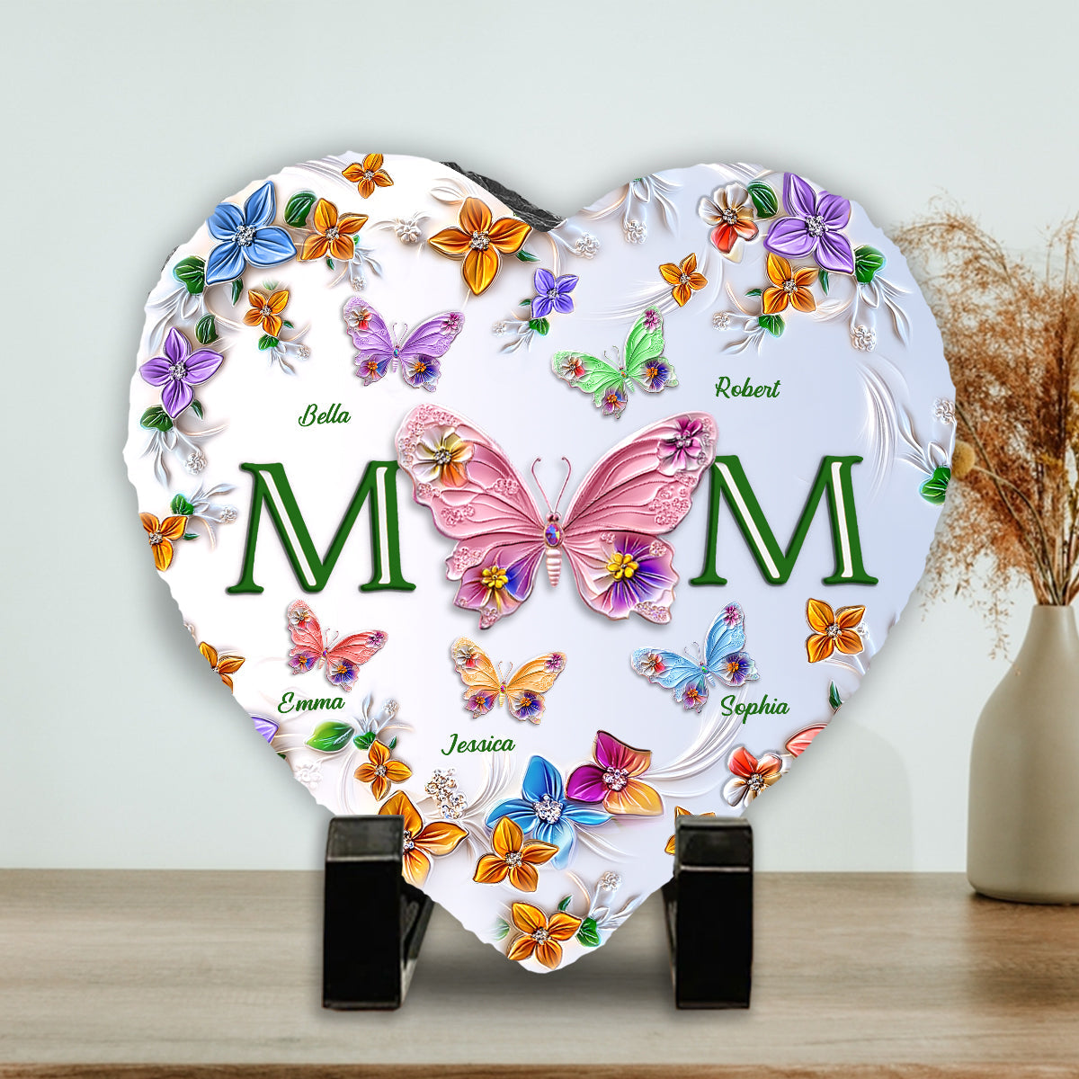 Colorful Butterflies Mom Mama - Personalized Mother Heart Shaped Stone