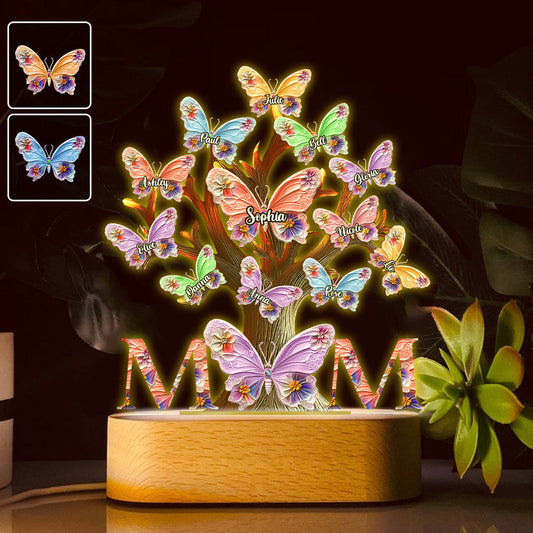 Colorful Butterflies Mom Mama - Personalized Mother Shaped Plaque Light Base