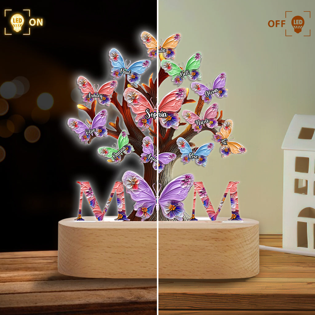 Colorful Butterflies Mom Mama - Personalized Mother Shaped Plaque Light Base