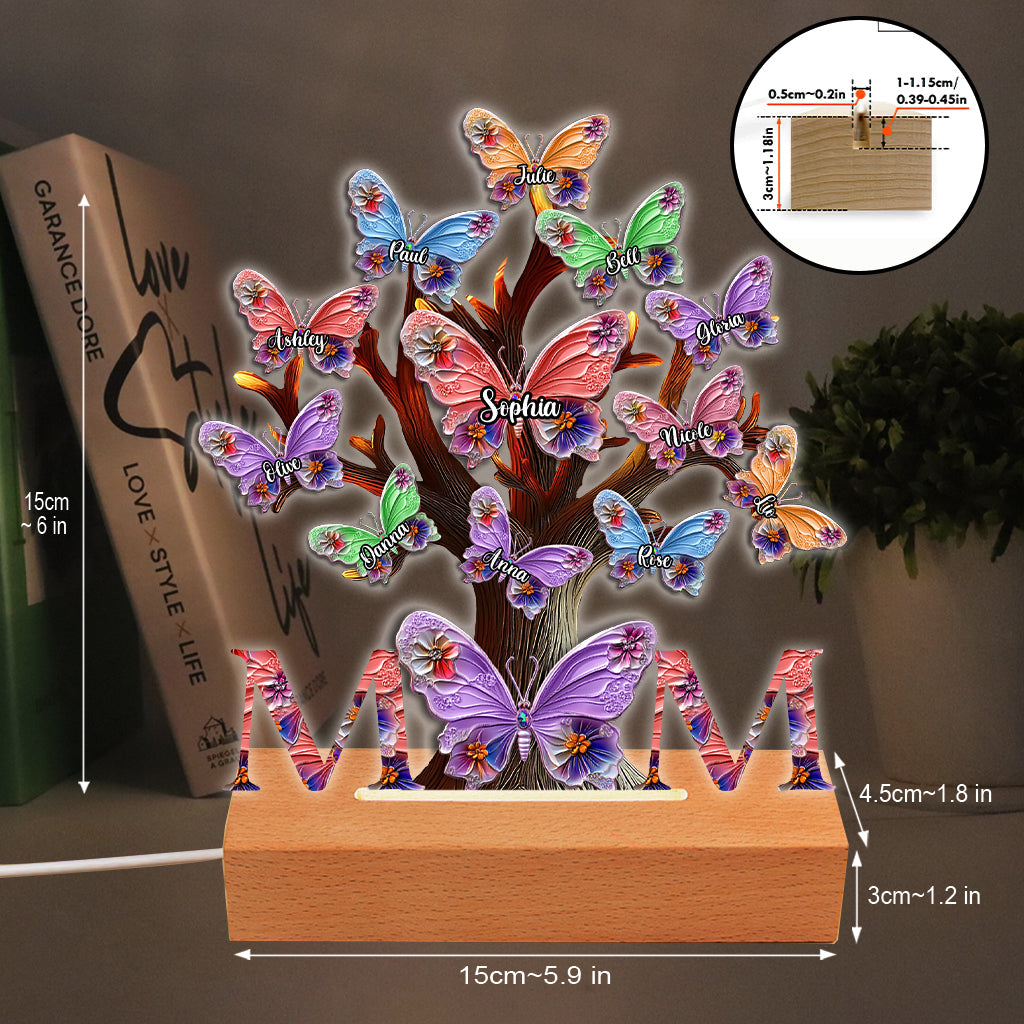 Colorful Butterflies Mom Mama - Personalized Mother Shaped Plaque Light Base