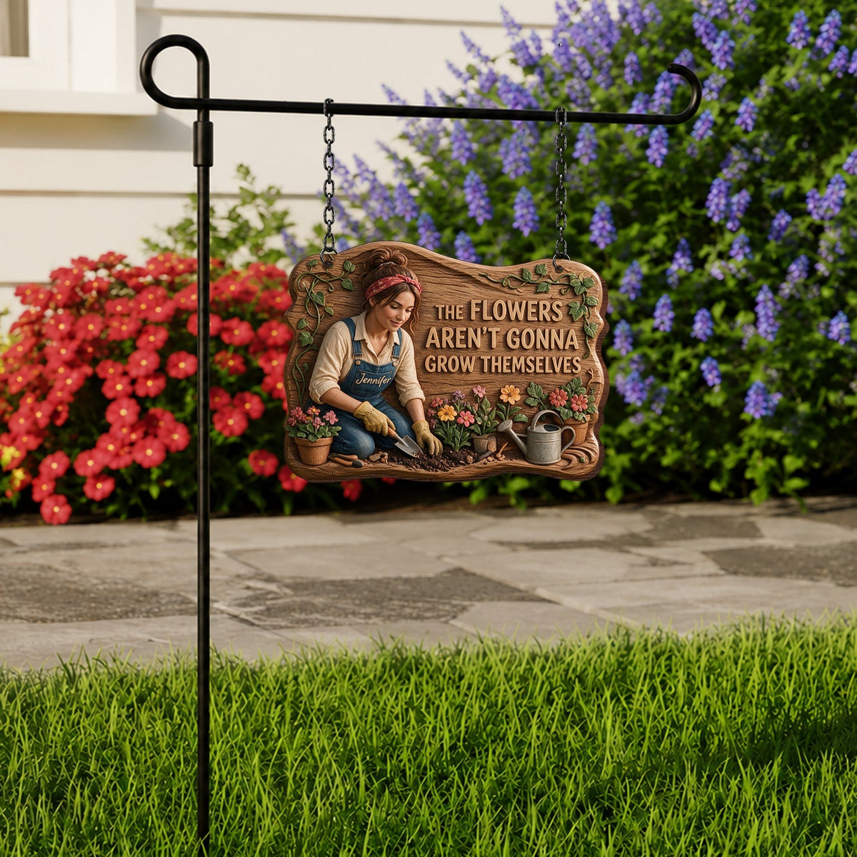 The Flowers Aren't Gonna Grow Themselves - Personalized Gardening Wood Sign With Stake