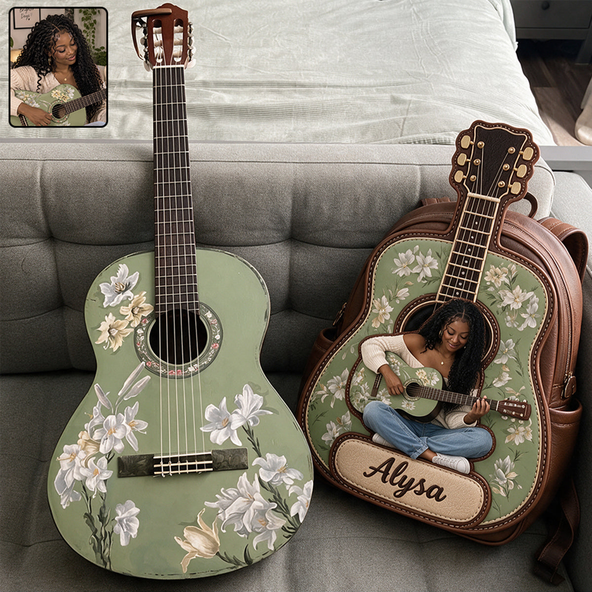 Custom From Any Photo - Personalized Guitar Changeable Leather Patch Backpack