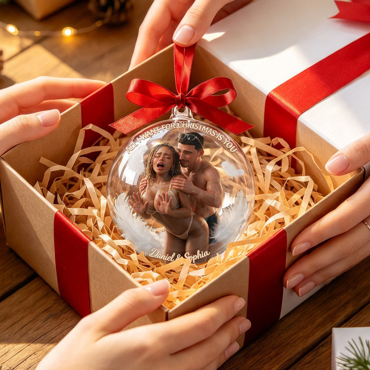 All I Want For Christmas Is You - Personalized Spicy Couple Acrylic Ball Ornament