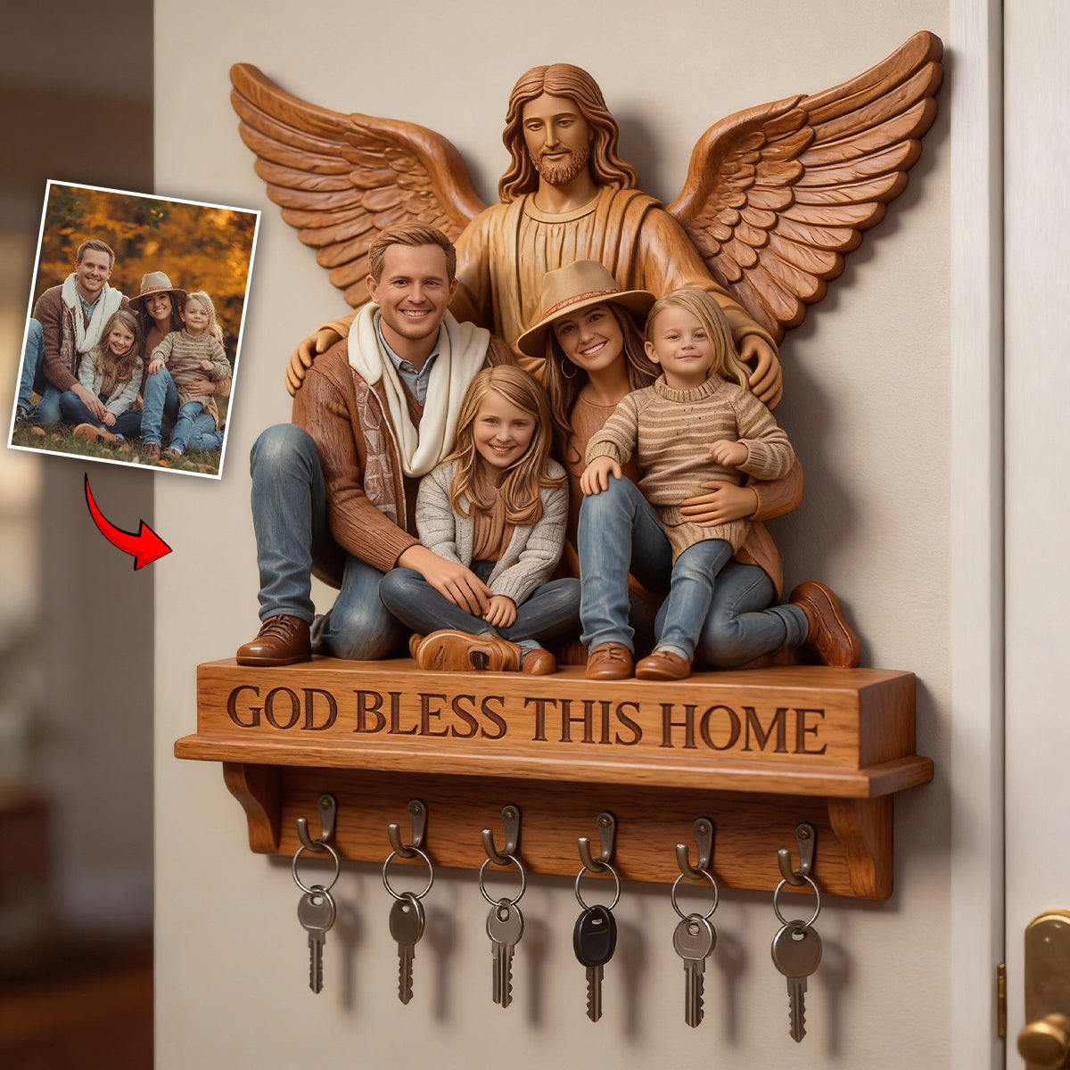 Porte-manteau mural personnalisé à partir de n'importe quelle photo « Que Dieu bénisse cette maison » - Porte-manteau chrétien personnalisé en forme de forme sur mesure