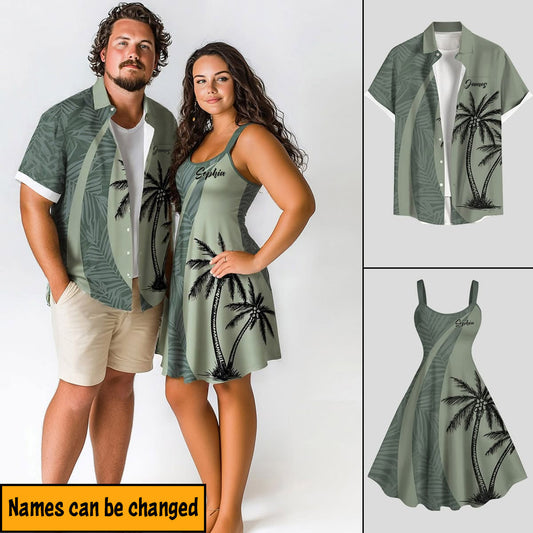 Coconut Tree Tropical Leaf Print Matching Hawaii Beach Outfit For Couples - Personalized Couple Hawaiian Shirt & Sleeveless Dress