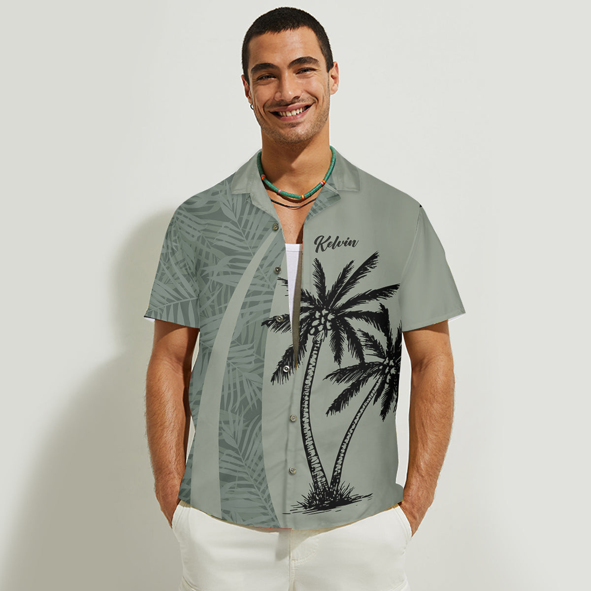 Coconut Tree Tropical Leaf Print Matching Hawaii Beach Outfit For Couples - Personalized Couple Hawaiian Shirt & Sleeveless Dress