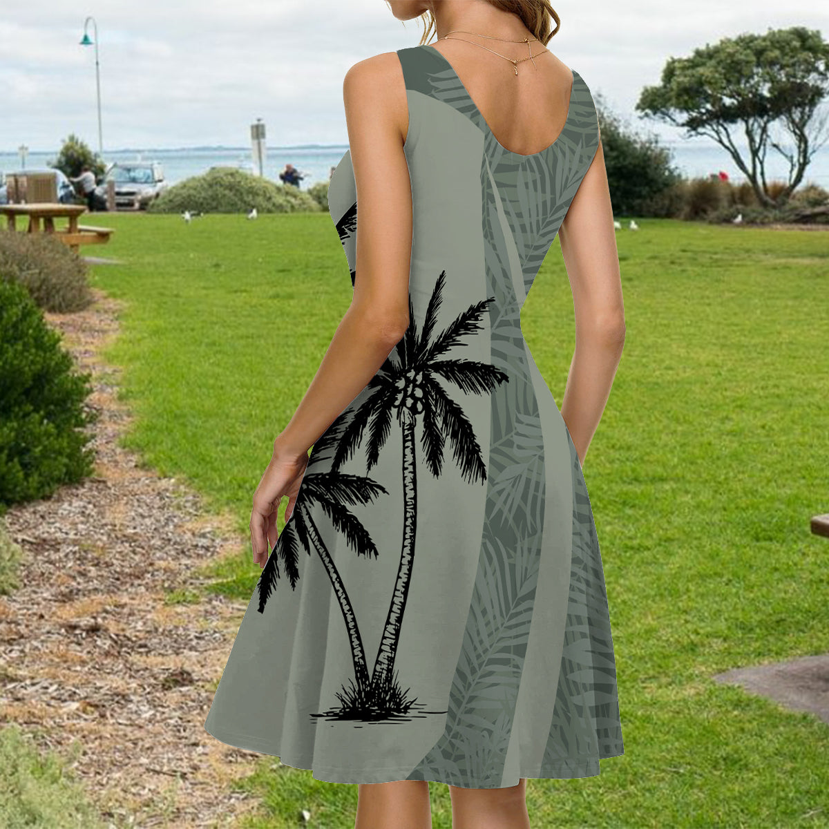 Coconut Tree Tropical Leaf Print Matching Hawaii Beach Outfit For Couples - Personalized Couple Hawaiian Shirt & Sleeveless Dress