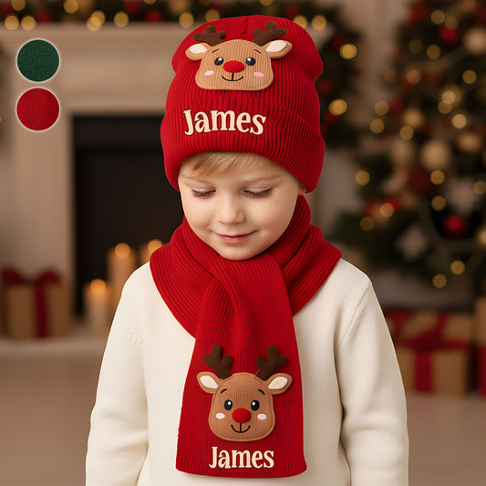 Niedliches Rentier-Motiv – Personalisierte Strickmütze und Schal für Kinder (Set)