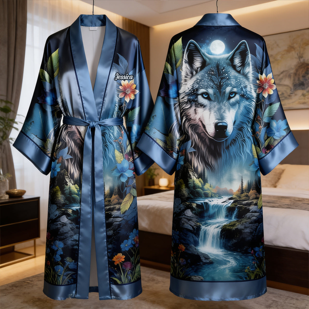 Strong Wolf - Personalized Wolf Satin Robe