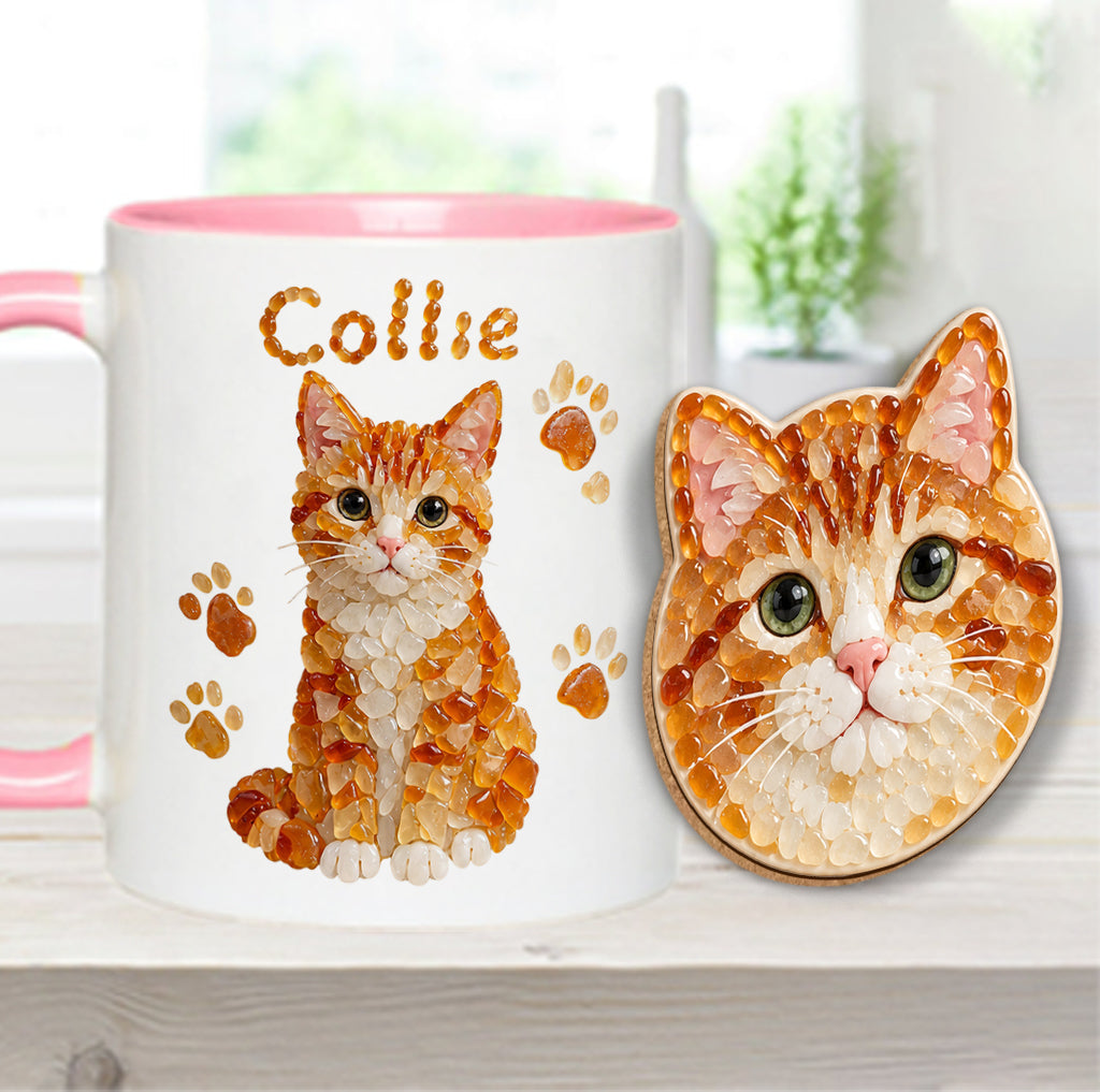 Any Pet Photo To Seaglass Art - Personalized Cat Accent Mug & Shaped Coaster