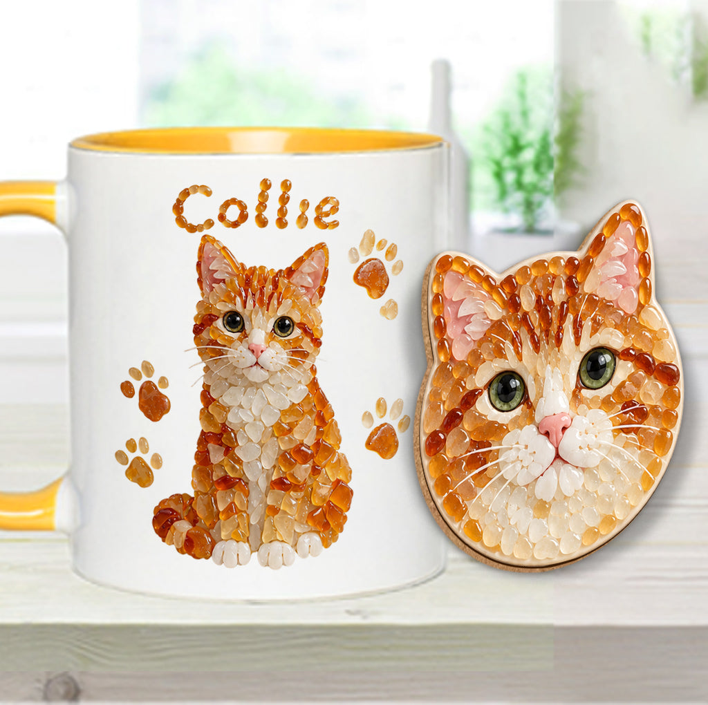 Any Pet Photo To Seaglass Art - Personalized Cat Accent Mug & Shaped Coaster