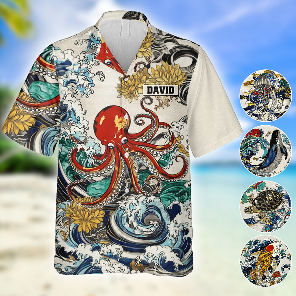 Chemise hawaïenne personnalisée pour les amoureux de la mer, ornée d'illustrations d'animaux marins japonais.