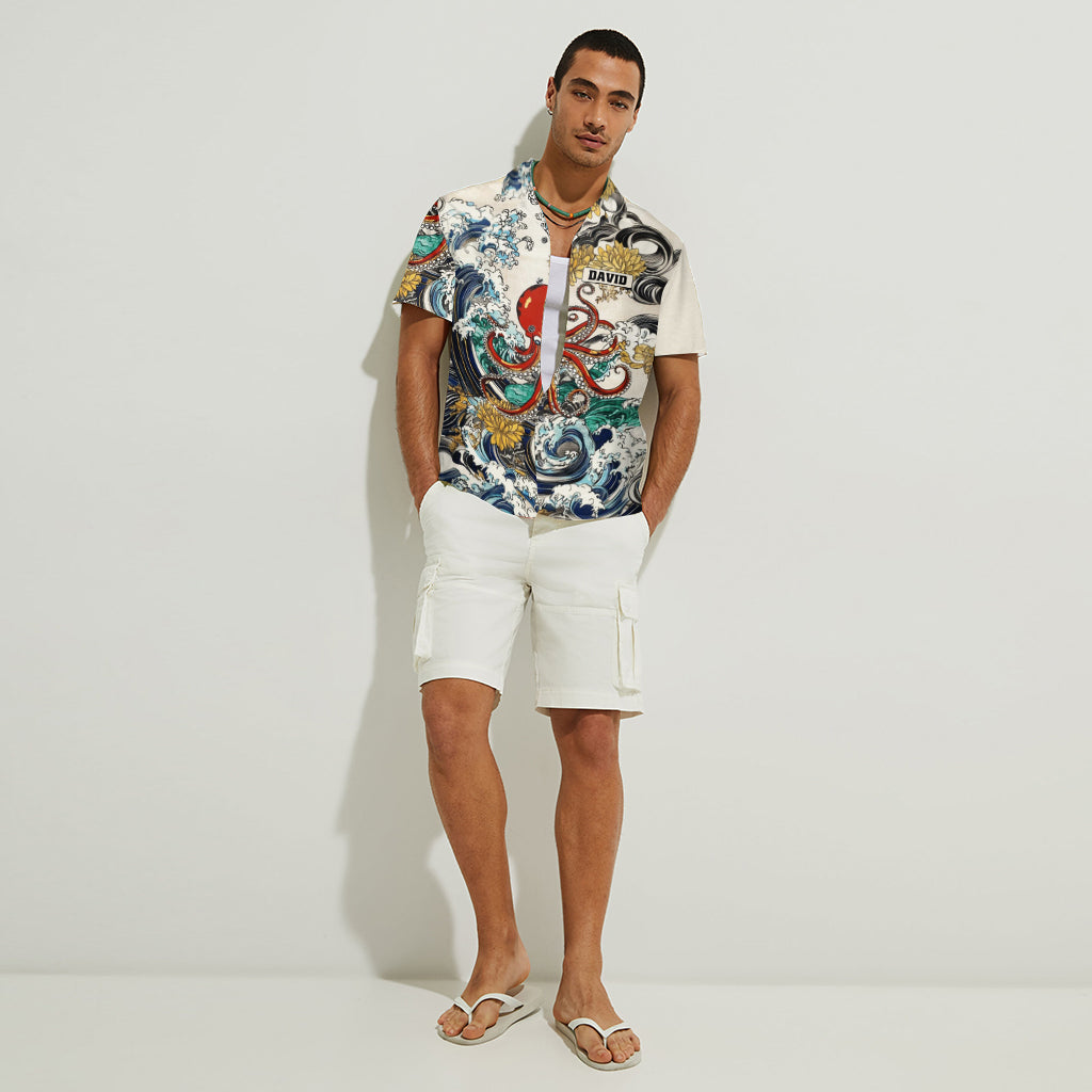 Chemise hawaïenne personnalisée pour les amoureux de la mer, ornée d'illustrations d'animaux marins japonais.