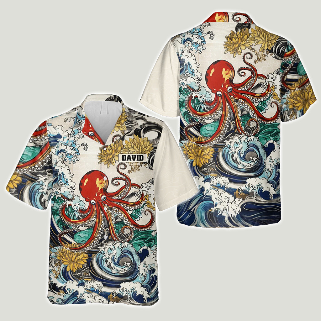 Chemise hawaïenne personnalisée pour les amoureux de la mer, ornée d'illustrations d'animaux marins japonais.