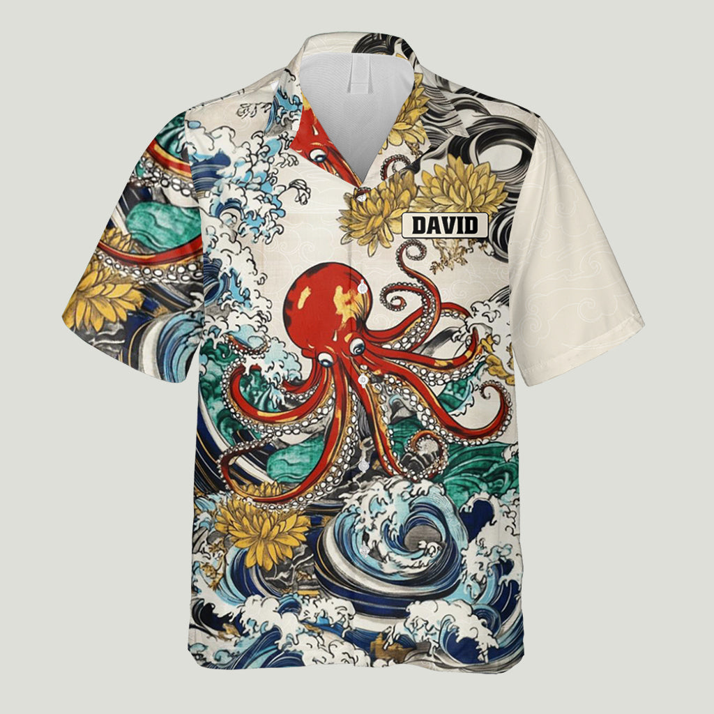 Chemise hawaïenne personnalisée pour les amoureux de la mer, ornée d'illustrations d'animaux marins japonais.