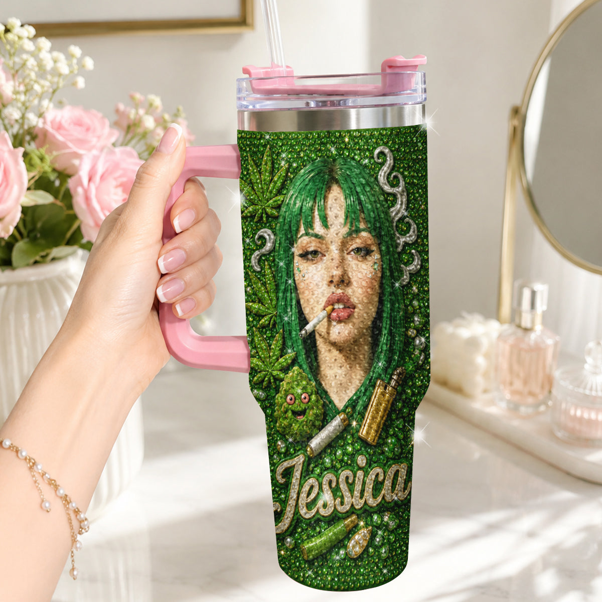 Stoner Gift - Personalized Weed Rhinestone Tumbler With Handle