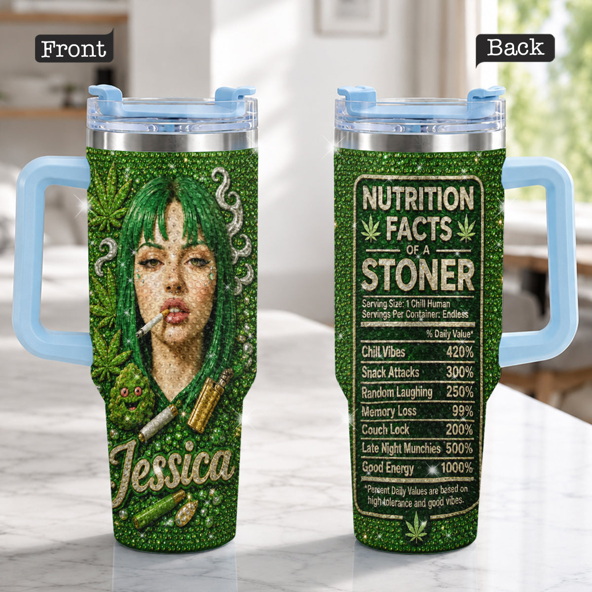 Stoner Gift - Personalized Weed Rhinestone Tumbler With Handle