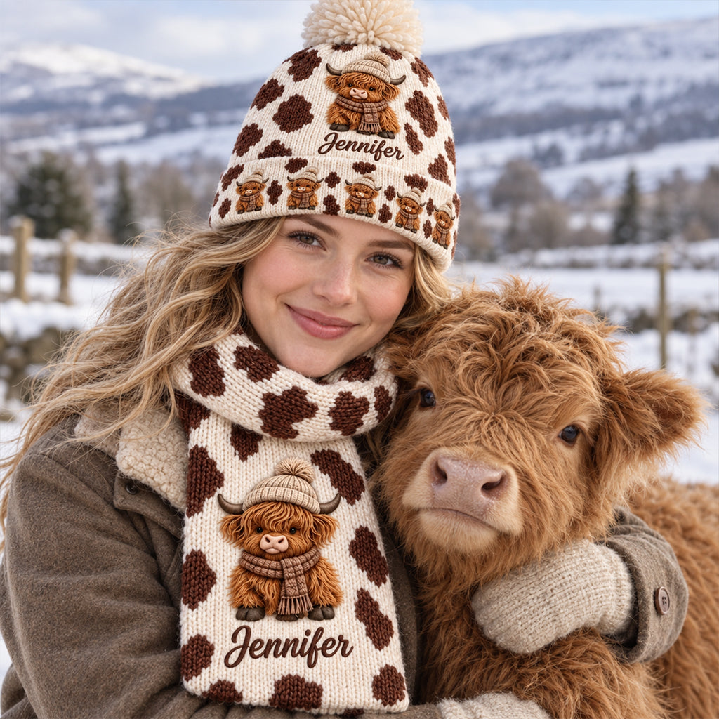 Love Highland Cow - Personalized Highland Cow Knitted Beanie Hat and Scarf Set