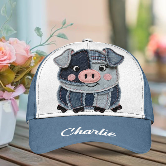 Niedliche Jeansstoff-Aufnäher mit Schweinchenmotiv – Personalisierte klassische Kappe für Schweinchenliebhaber