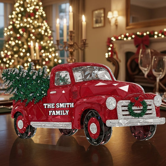 Camion rouge cristal Joyeux Noël - Plaque acrylique personnalisée pour la famille
