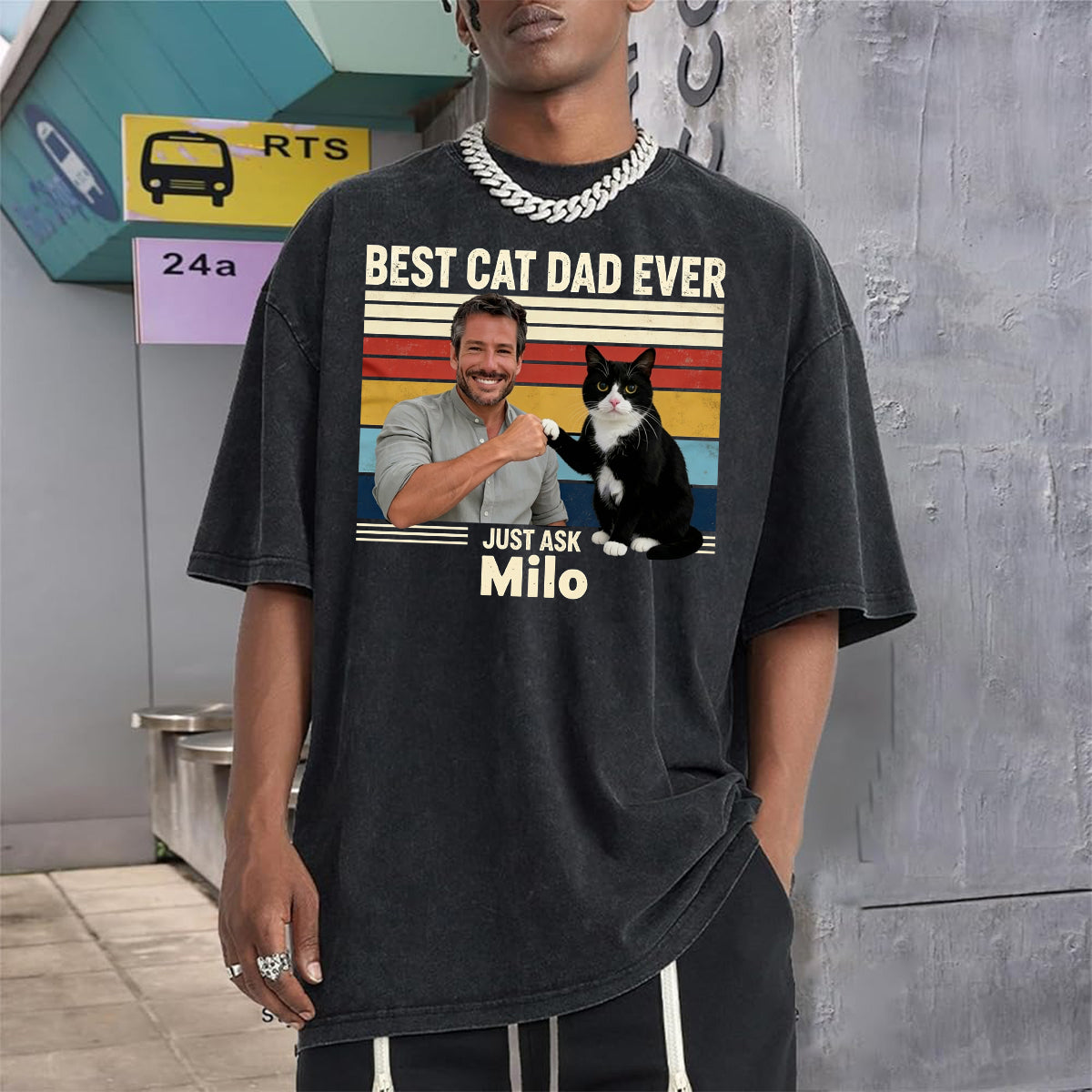 Bester Katzenpapa aller Zeiten - Personalisiertes Katzen-Wasch-T-Shirt