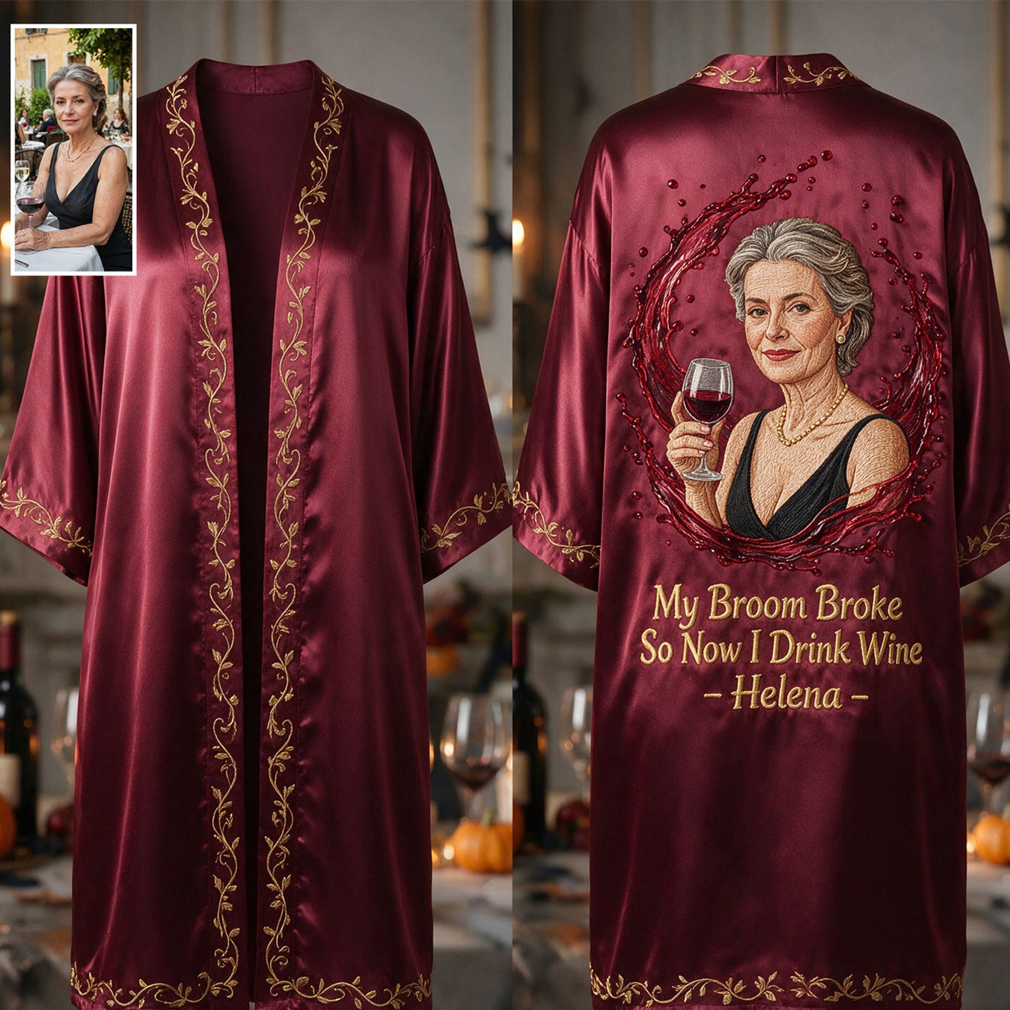 My Broom Broke - Personalized Wine Satin Robe