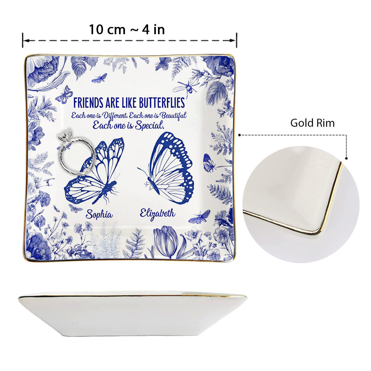Freunde sind wie Schmetterlinge – Toile-de-Jouy-Blumenmuster – Personalisierte Schmuckschale für beste Freundinnen mit vollflächigem Aufdruck
