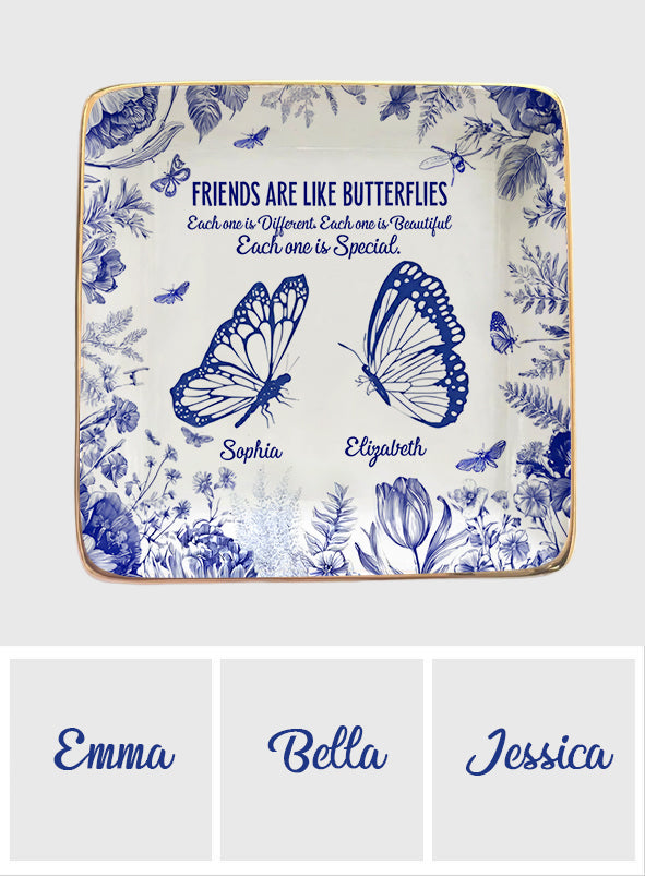 Freunde sind wie Schmetterlinge – Toile-de-Jouy-Blumenmuster – Personalisierte Schmuckschale für beste Freundinnen mit vollflächigem Aufdruck