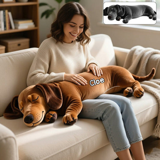 Schlafender Hund – Das perfekte Geschenk für Hundemama/Hundepapa – Personalisiertes Kissen in Dackelform aus Kunstfell