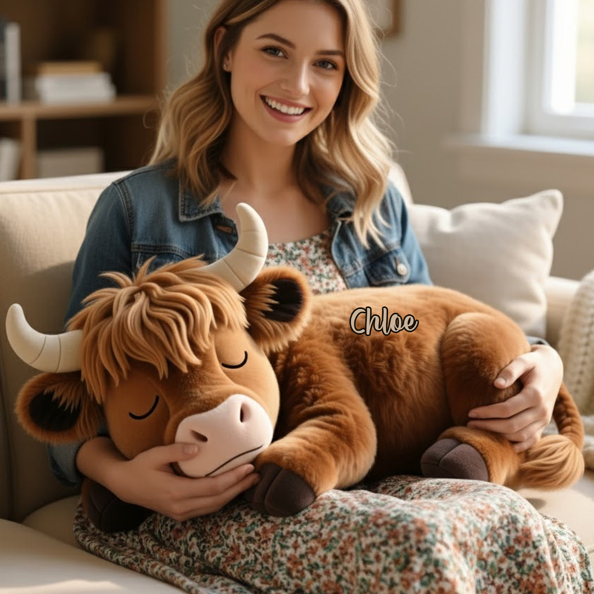 Oreiller personnalisé en fausse fourrure en forme de vache des Highlands endormie