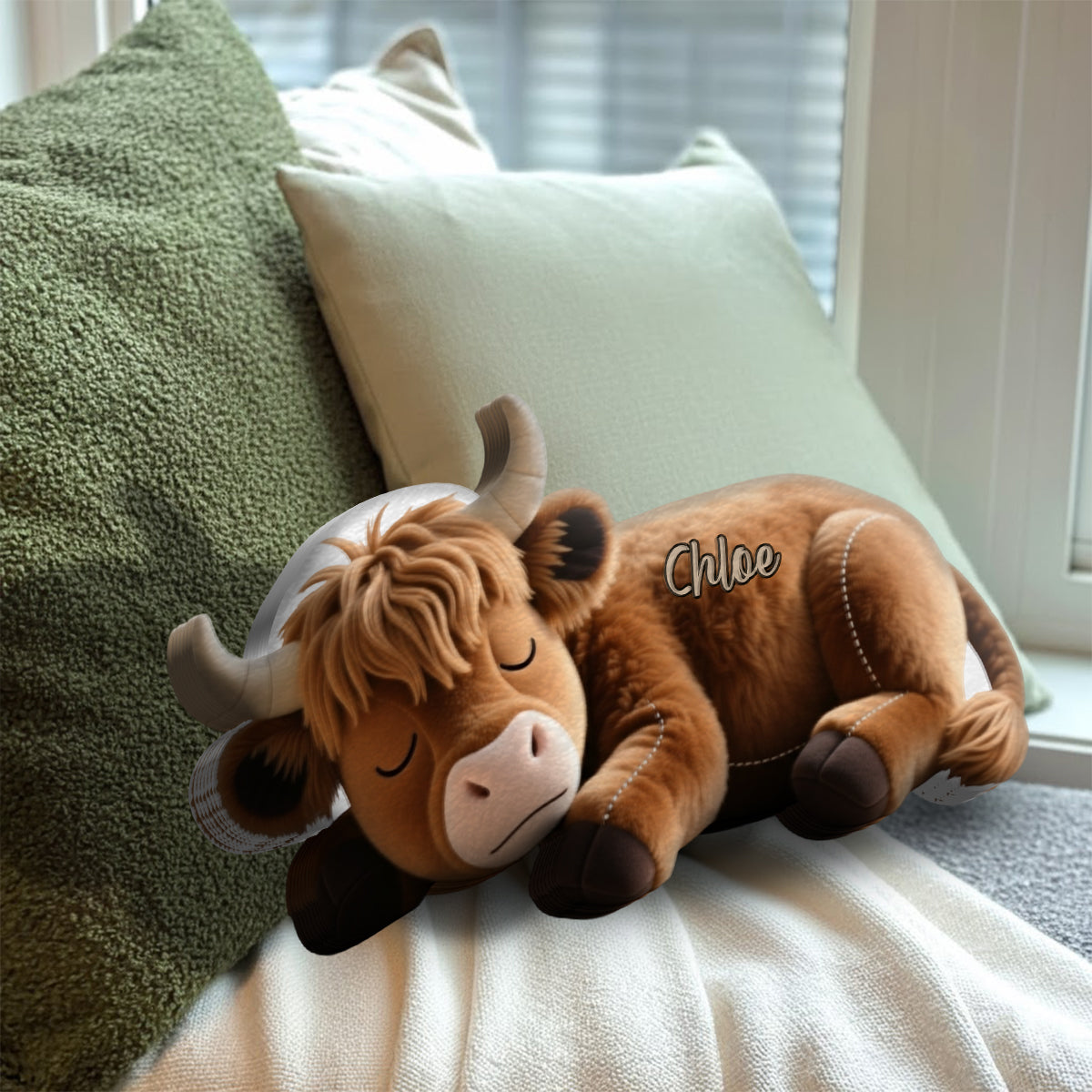 Oreiller personnalisé en fausse fourrure en forme de vache des Highlands endormie