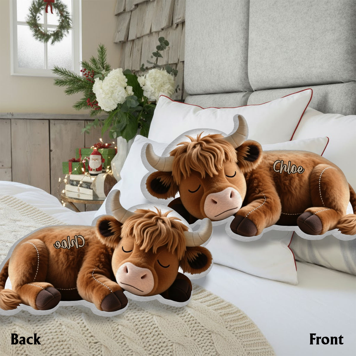Oreiller personnalisé en fausse fourrure en forme de vache des Highlands endormie