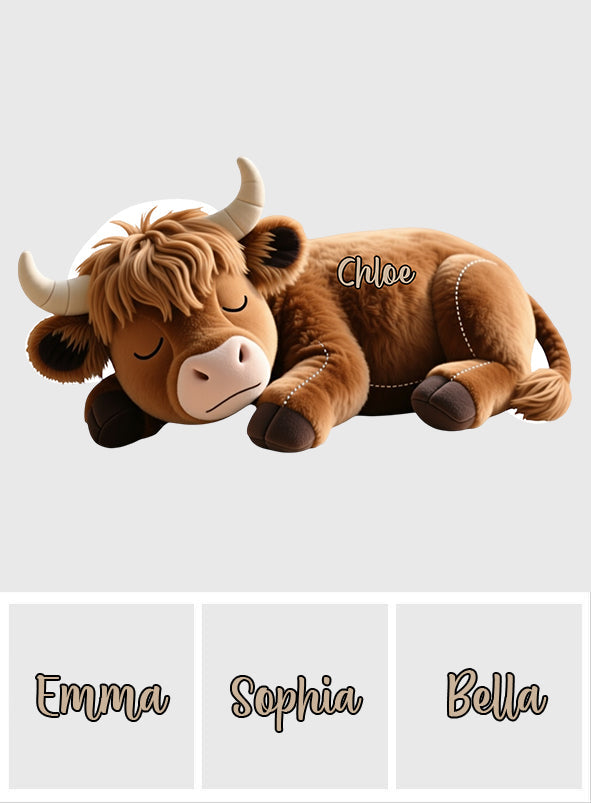 Oreiller personnalisé en fausse fourrure en forme de vache des Highlands endormie