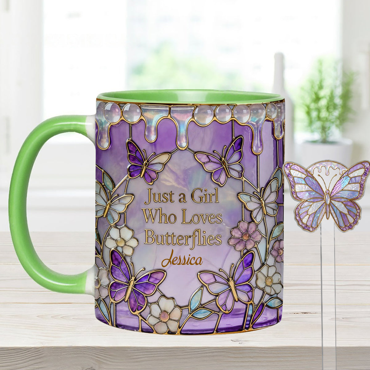 Einfach ein Mädchen, das Schmetterlinge liebt – Personalisierter Schmetterlings-Set-Becher mit Acryl-Rührstäbchen