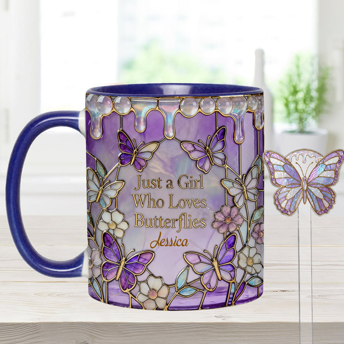 Einfach ein Mädchen, das Schmetterlinge liebt – Personalisierter Schmetterlings-Set-Becher mit Acryl-Rührstäbchen