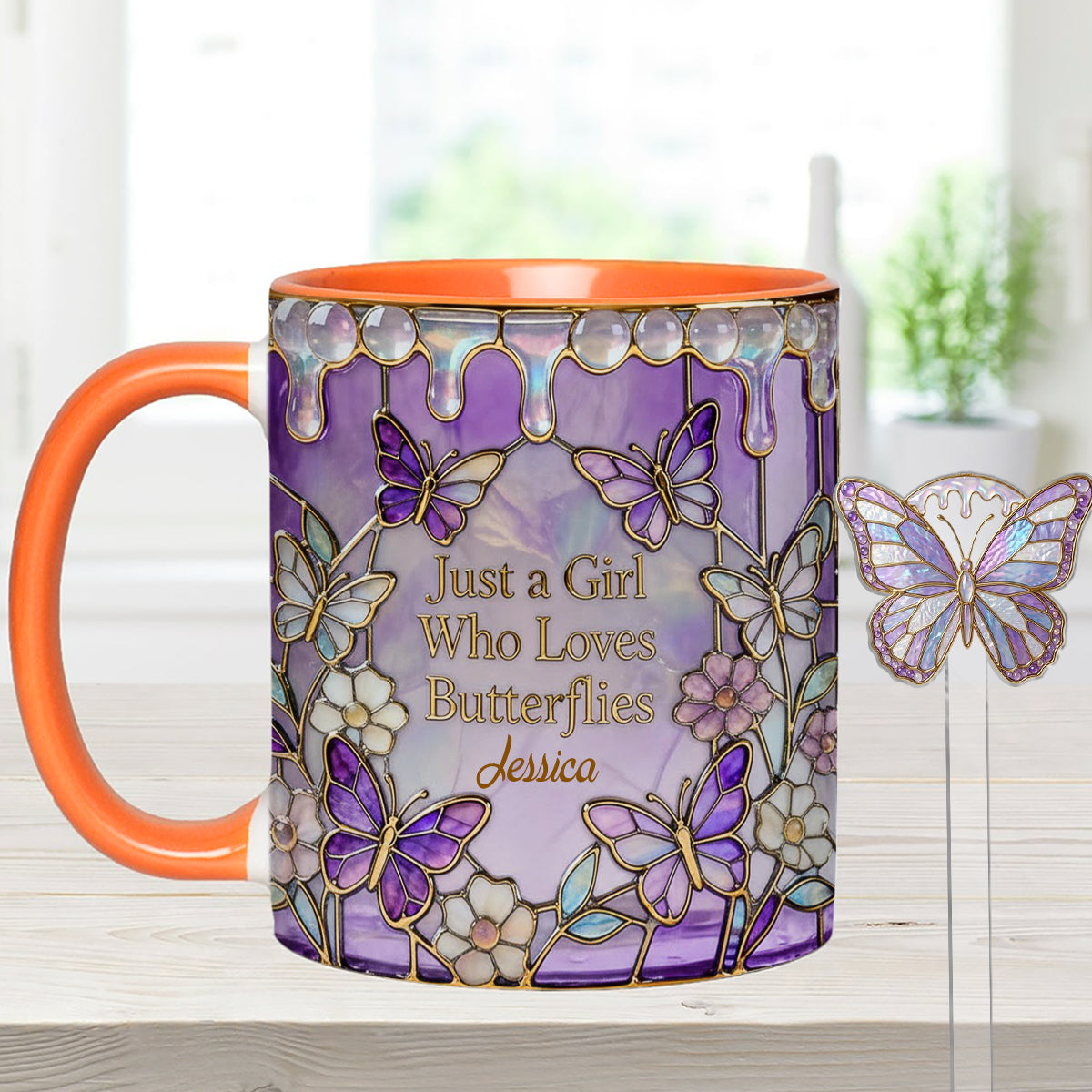 Einfach ein Mädchen, das Schmetterlinge liebt – Personalisierter Schmetterlings-Set-Becher mit Acryl-Rührstäbchen