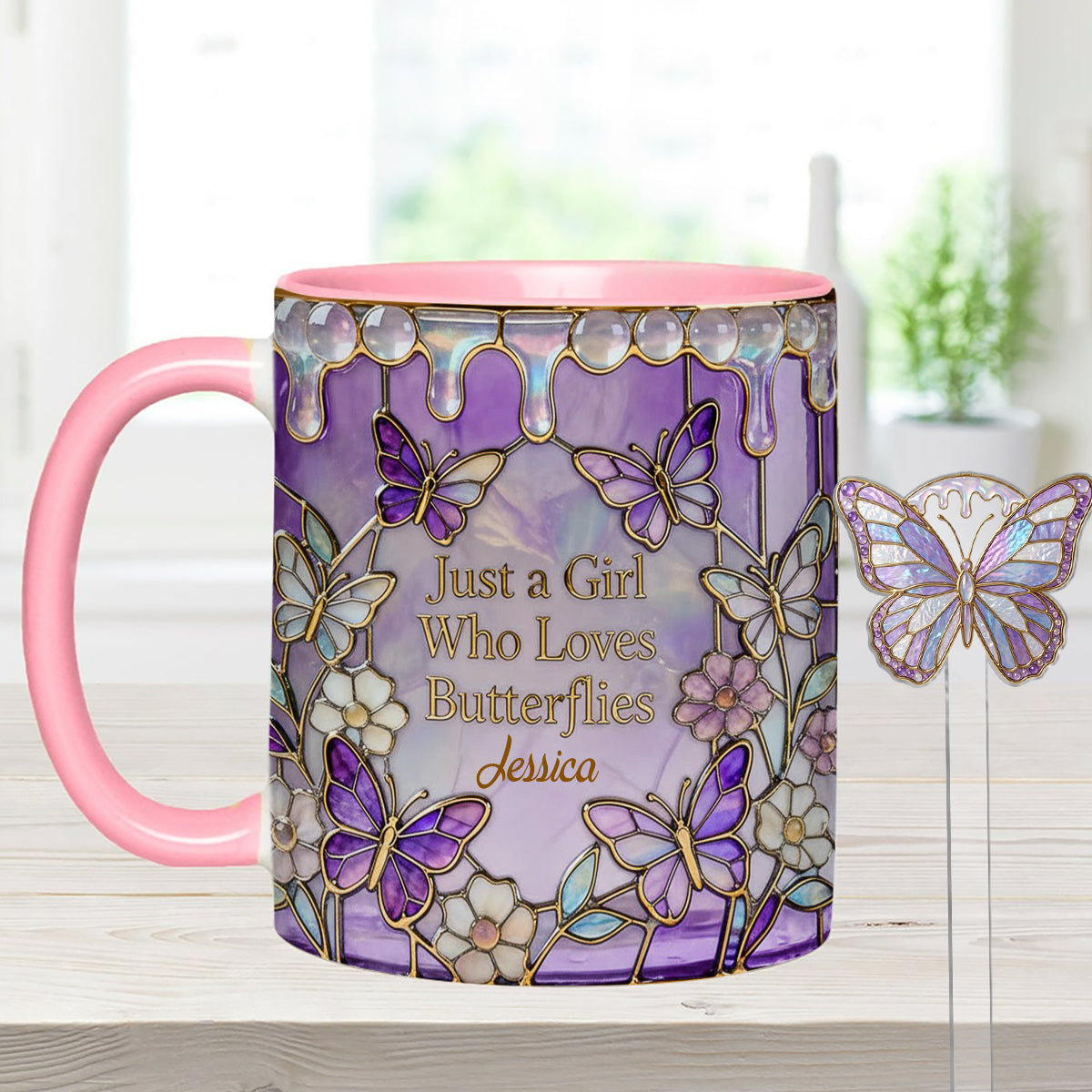 Einfach ein Mädchen, das Schmetterlinge liebt – Personalisierter Schmetterlings-Set-Becher mit Acryl-Rührstäbchen