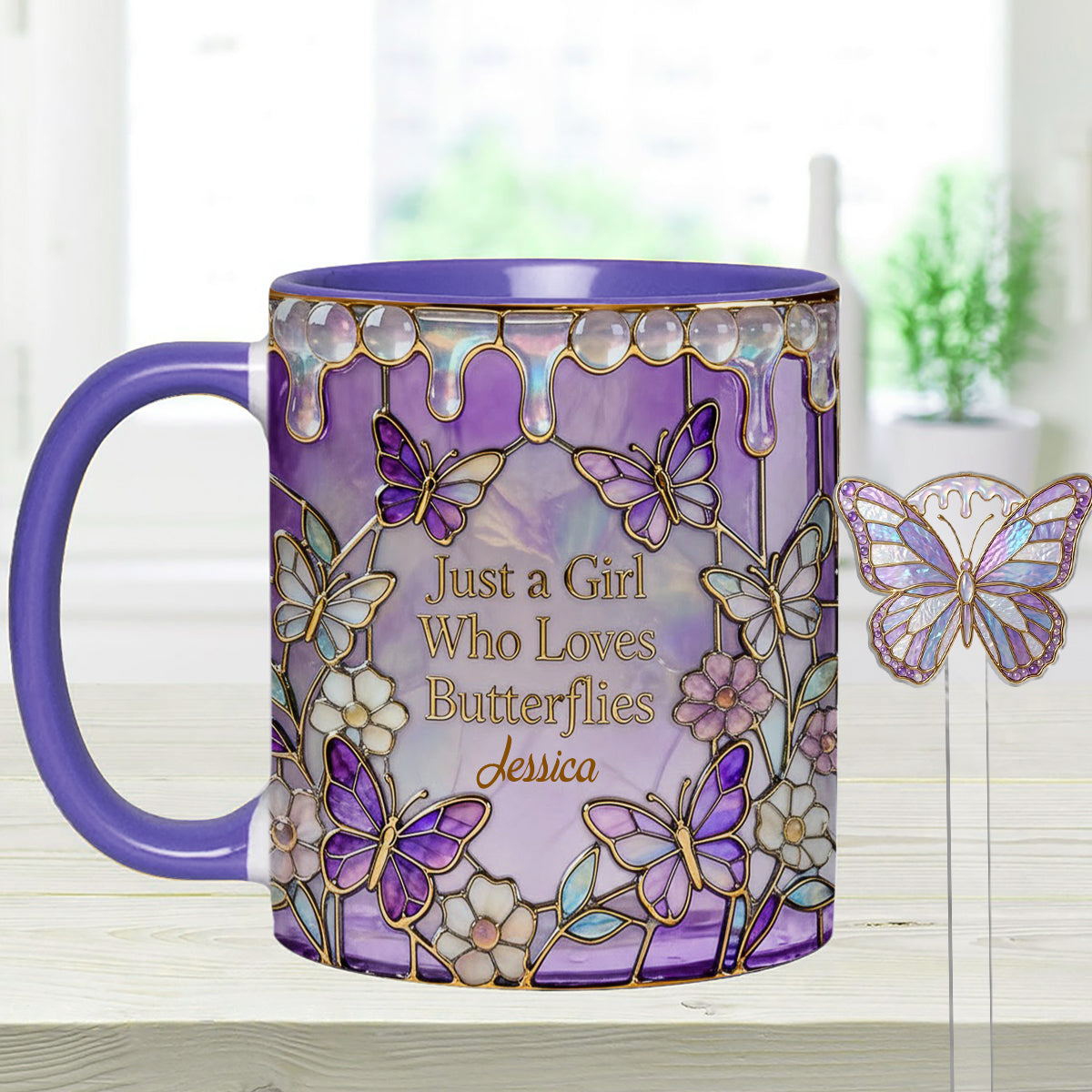 Einfach ein Mädchen, das Schmetterlinge liebt – Personalisierter Schmetterlings-Set-Becher mit Acryl-Rührstäbchen