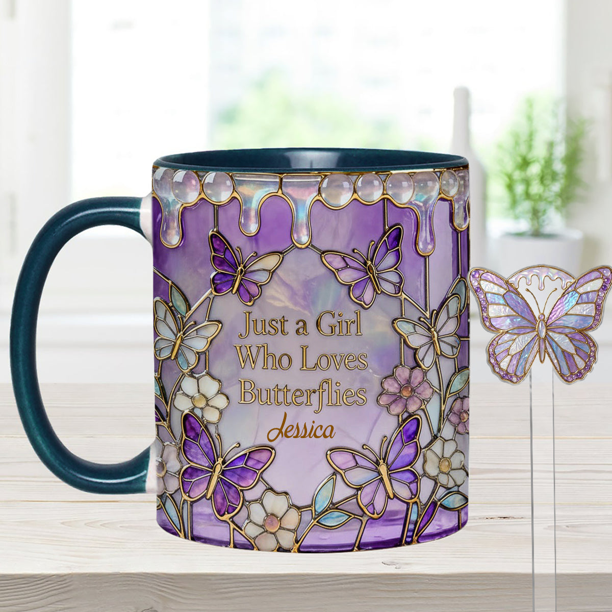 Einfach ein Mädchen, das Schmetterlinge liebt – Personalisierter Schmetterlings-Set-Becher mit Acryl-Rührstäbchen