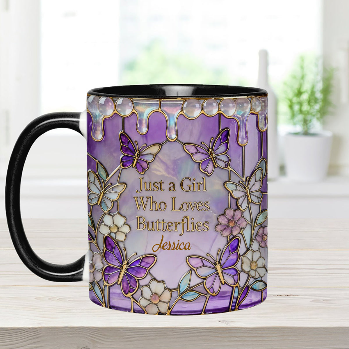 Einfach ein Mädchen, das Schmetterlinge liebt – Personalisierter Schmetterlings-Set-Becher mit Acryl-Rührstäbchen