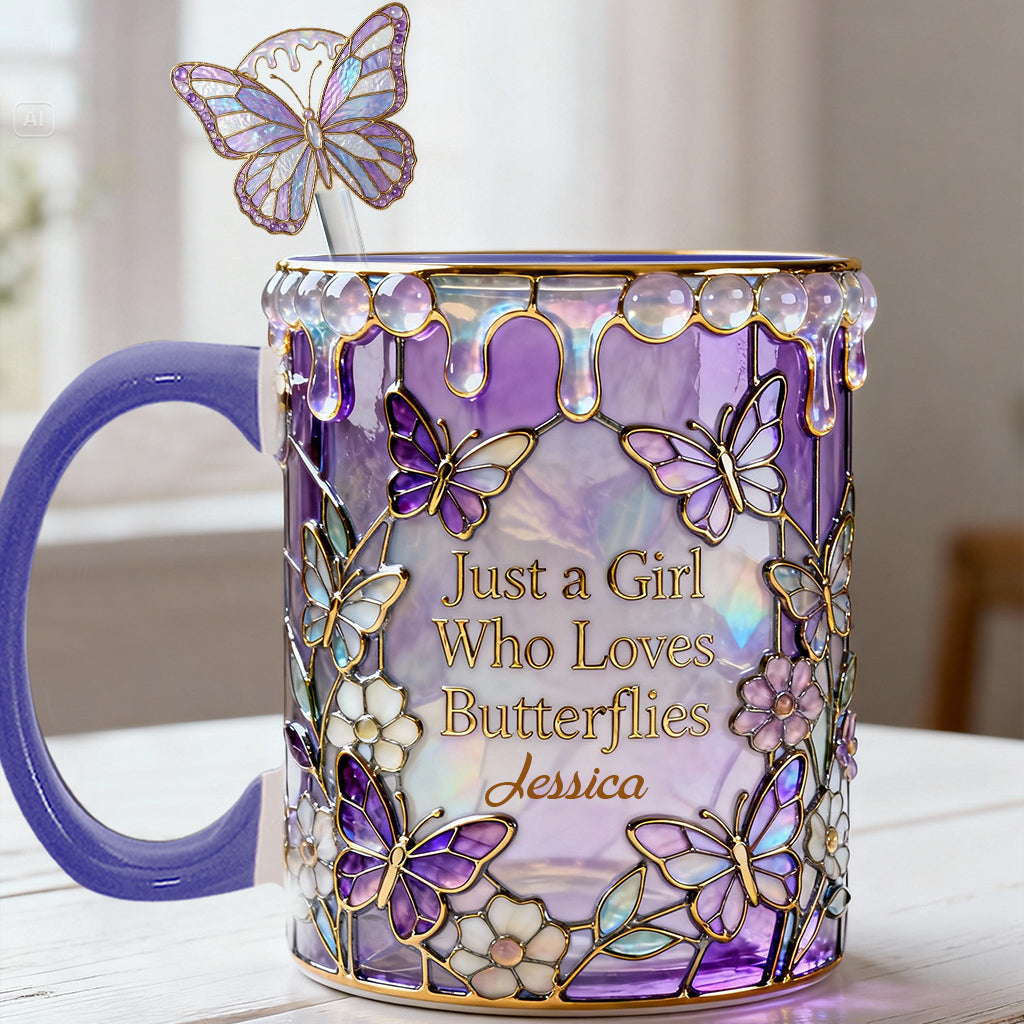 Einfach ein Mädchen, das Schmetterlinge liebt – Personalisierter Schmetterlings-Set-Becher mit Acryl-Rührstäbchen