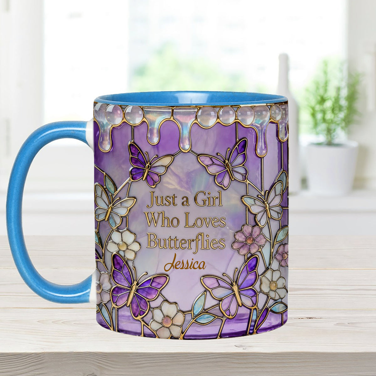 Einfach ein Mädchen, das Schmetterlinge liebt – Personalisierter Schmetterlings-Set-Becher mit Acryl-Rührstäbchen