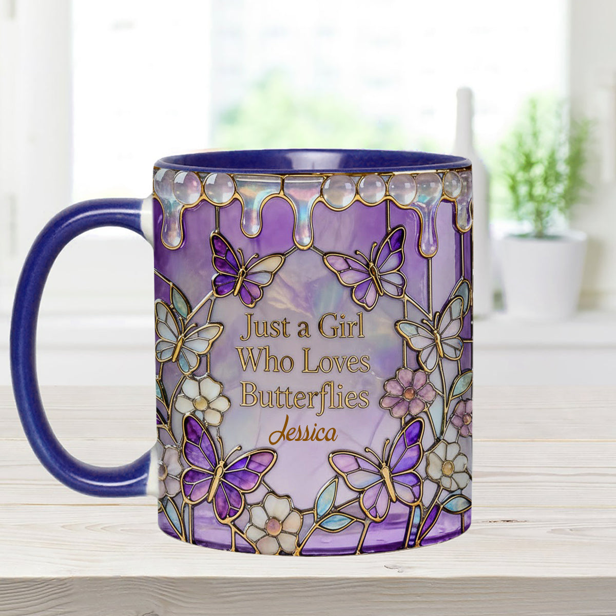 Einfach ein Mädchen, das Schmetterlinge liebt – Personalisierter Schmetterlings-Set-Becher mit Acryl-Rührstäbchen