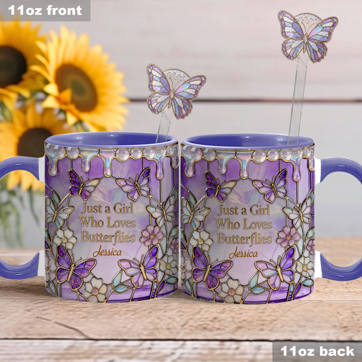 Einfach ein Mädchen, das Schmetterlinge liebt – Personalisierter Schmetterlings-Set-Becher mit Acryl-Rührstäbchen